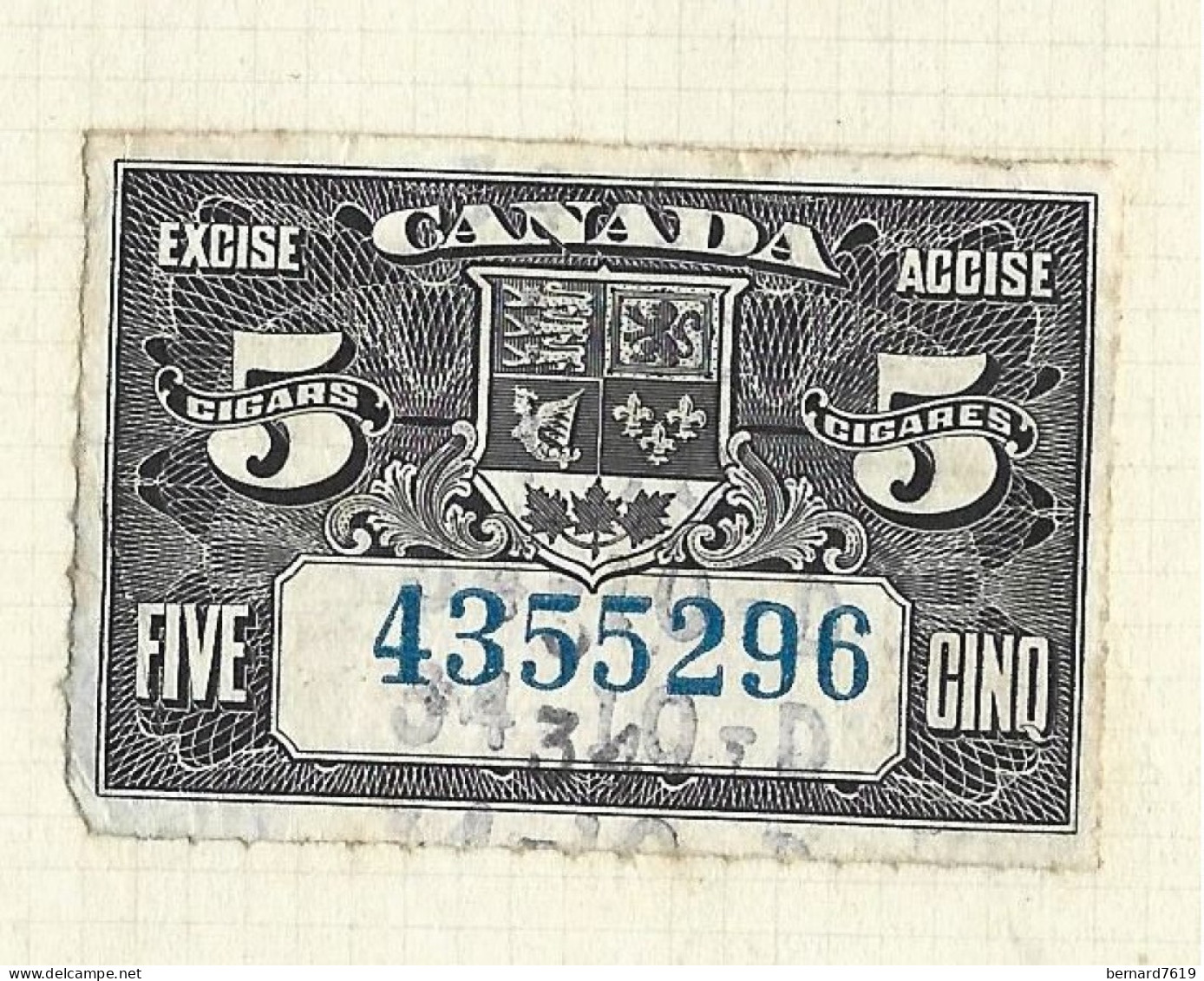 Timbres Taxe  -  Canada - Cigarette - Excise   Accise - 5  Cigarettes -4355296 - Fiscaux