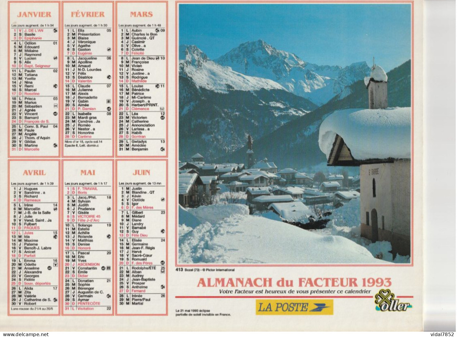 Calendrier-Almanach Des P.T.T 1993 -Bozel (73) Les Praz De Chamonix (74)- Département AIN-01-Référence 413 - Big : 1991-00