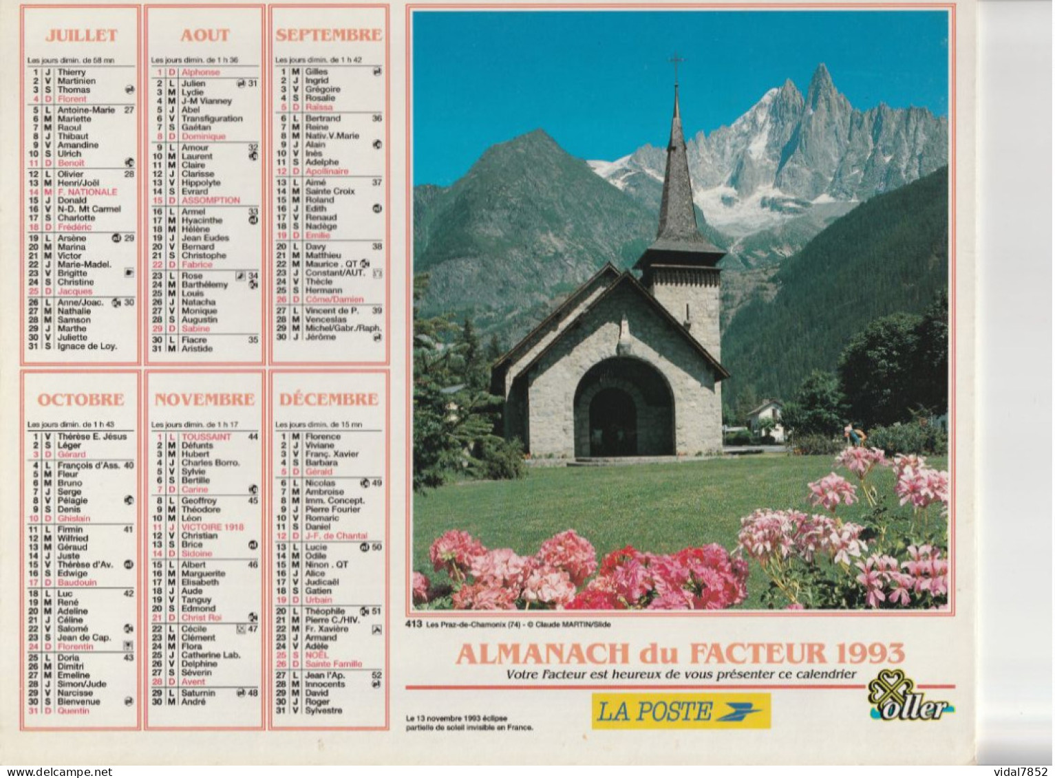 Calendrier-Almanach Des P.T.T 1993 -Bozel (73) Les Praz De Chamonix (74)- Département AIN-01-Référence 413 - Formato Grande : 1991-00