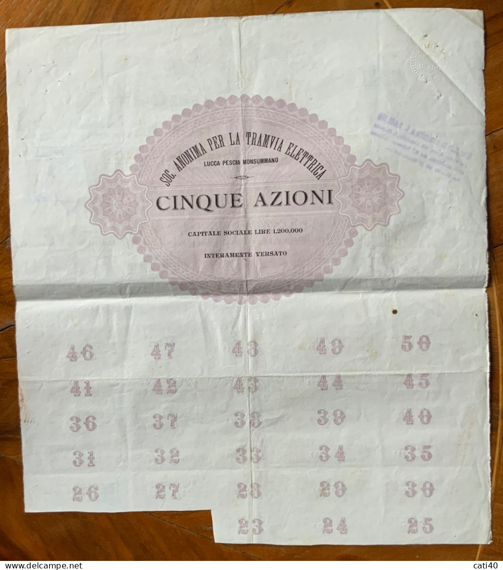 SOC.AN.PER LA TRAMVIA ELETTRICA LUCCA PESCIA MONSUMMANO - CERTIFICATO DI 5 AZIONI - 1/1/1908 - R3 - Trasporti