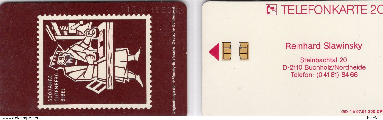 Gutenberg-Bibel TK N * B 07.1991(K350) 200Expl.** 90€ Buchdruckerei Slawinski In Buchholz BRD #198 TC Stamp On Phonecard - V-Series: VIP-und Visitenkartenserie