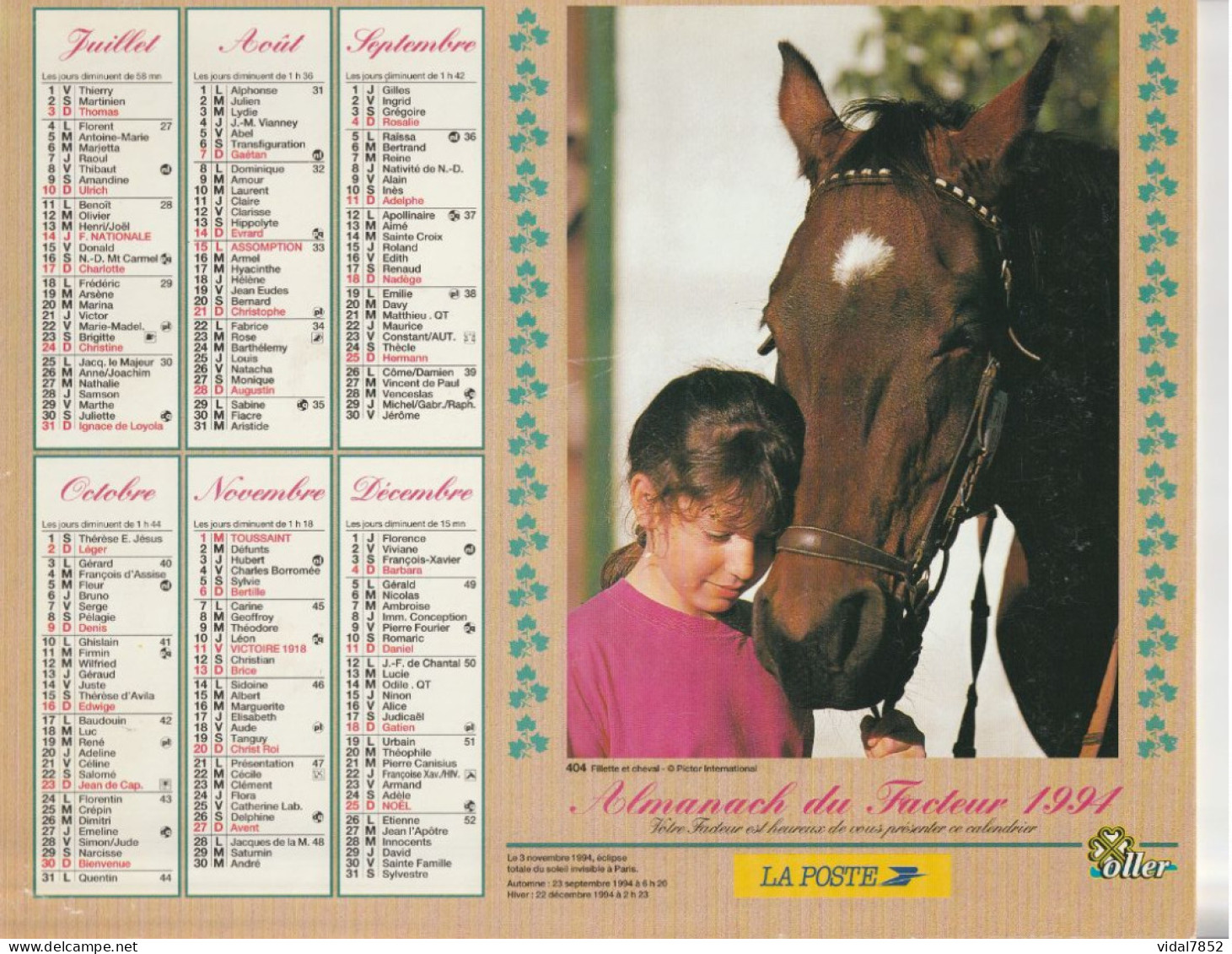 Calendrier-Almanach Des P.T.T 1994 Fillette Et Lapin-Fillette Et Cheval Département AIN-01-Référence 404 - Tamaño Grande : 1991-00