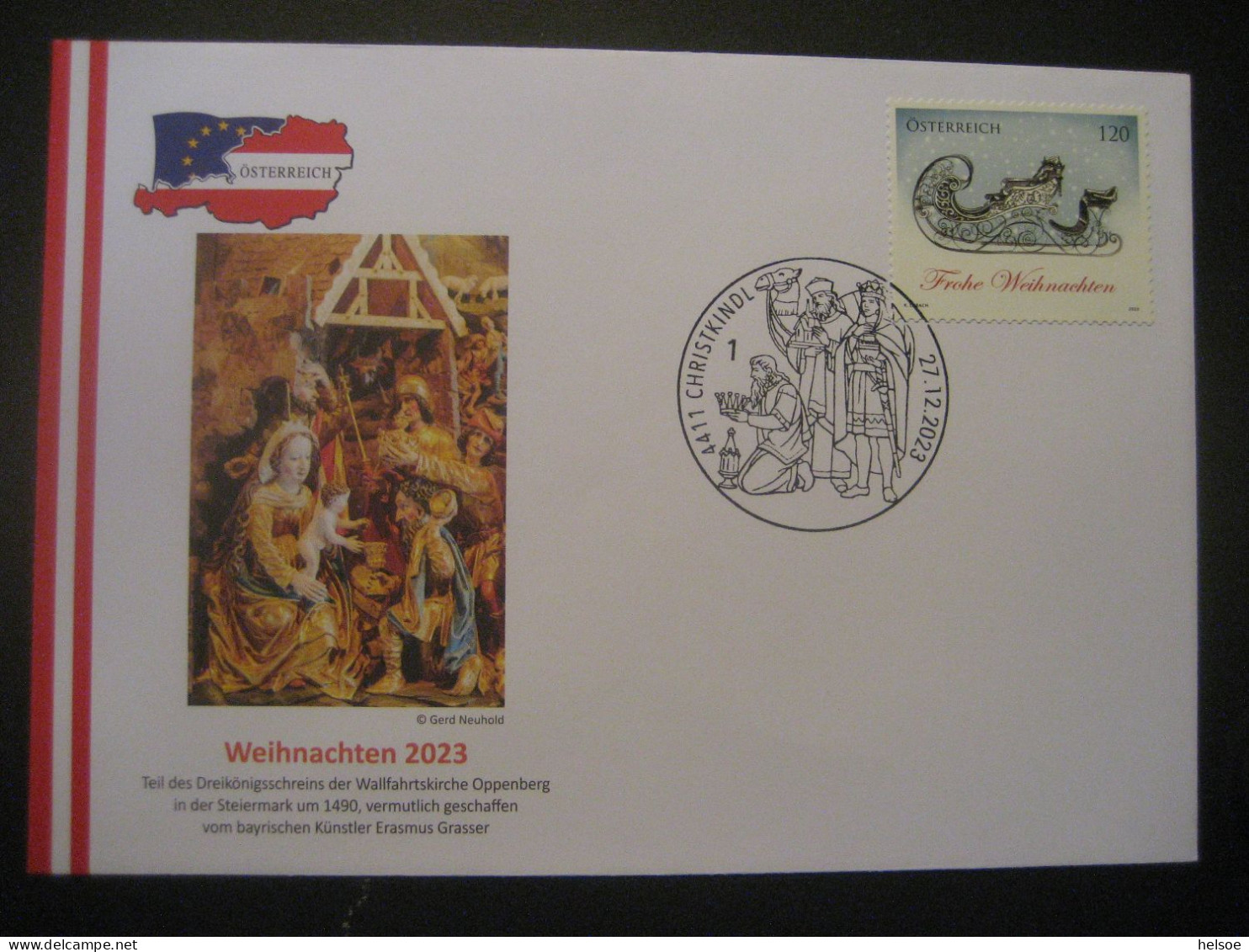 Österreich- Christkindl 27.12.2023, Sonderumschlag Mit Weihnachtsmarke Prunkschlitten Und  Dreikönigstempel - Cartas & Documentos