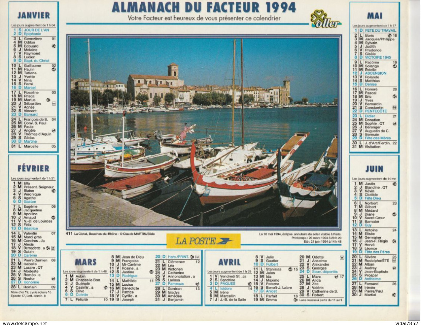 Calendrier-Almanach Des P.T.T 1994 Iles Ioniennes-La Ciotat (13)-Département AIN-01-Référence 411 - Groot Formaat: 1991-00