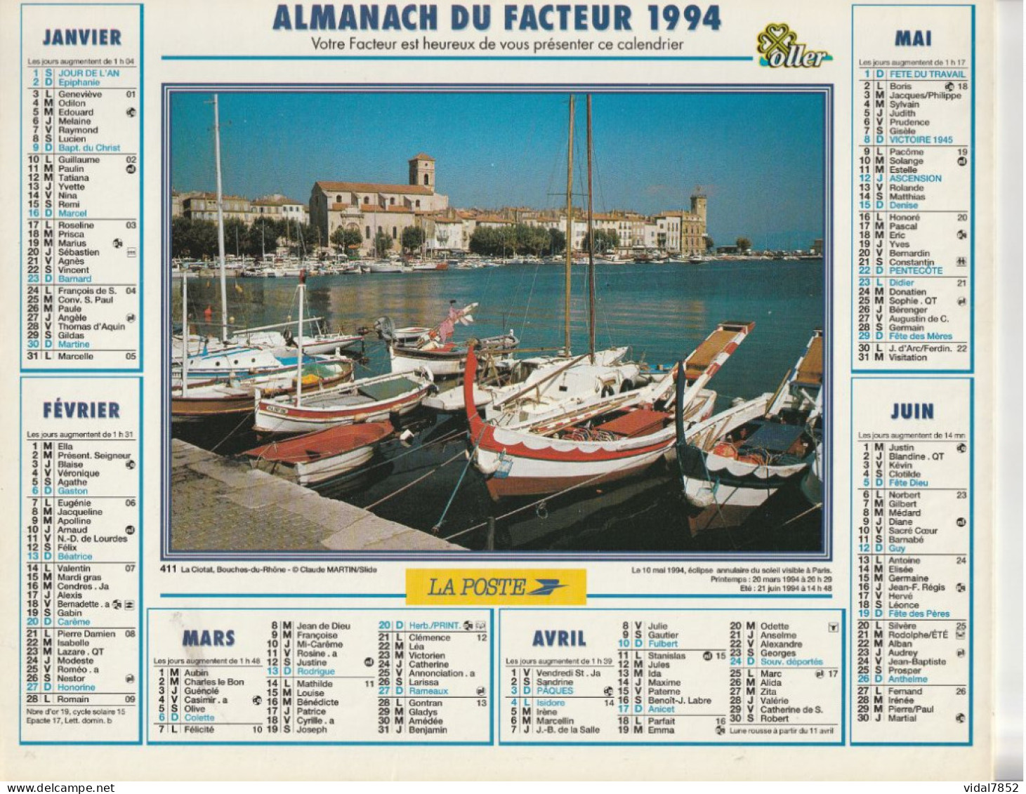 Calendrier-Almanach Des P.T.T 1994 Iles Ioniennes-La Ciotat (13)-Département AIN-01-Référence 411 - Grossformat : 1991-00