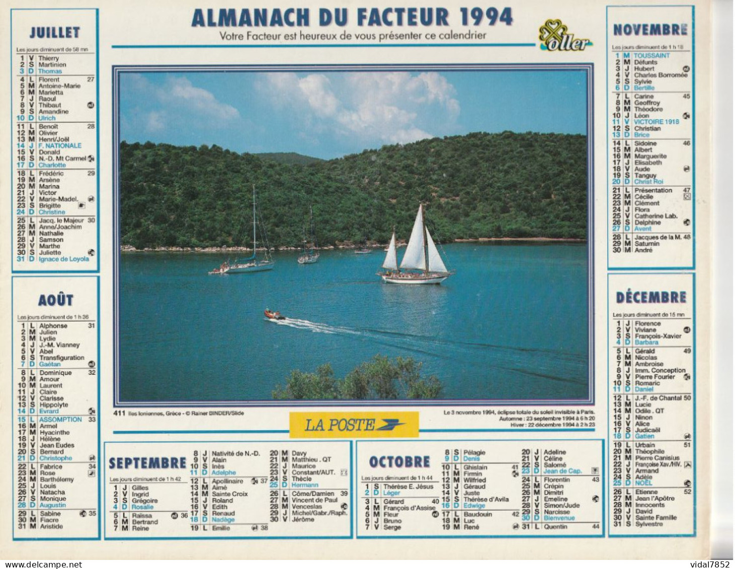 Calendrier-Almanach Des P.T.T 1994 Iles Ioniennes-La Ciotat (13)-Département AIN-01-Référence 411 - Groot Formaat: 1991-00