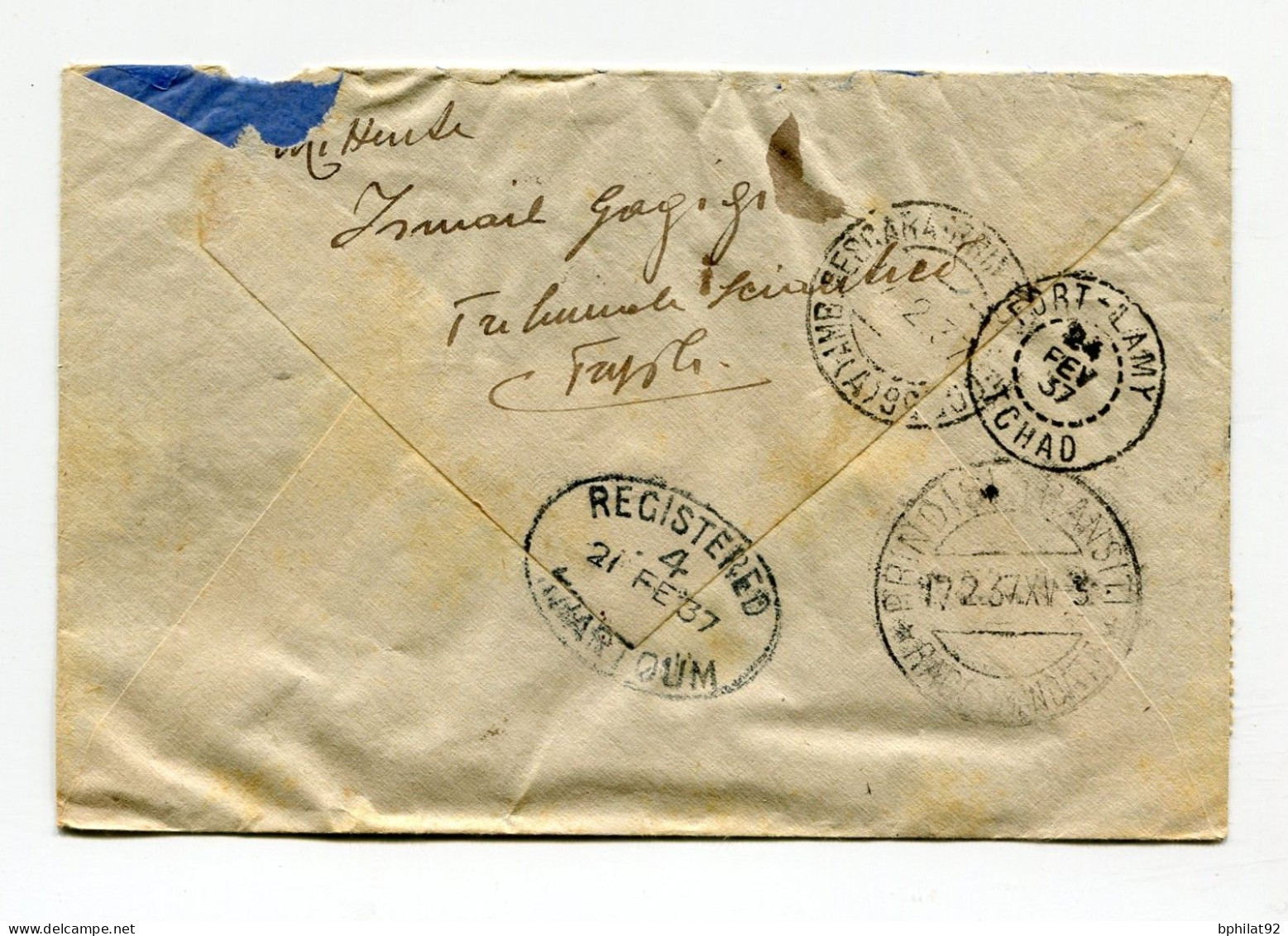 !!! LETTRE RECO PAR AVION DE TRIPOLI POUR FORT LAMY (TCHAD) DE 1937 - Tripolitania