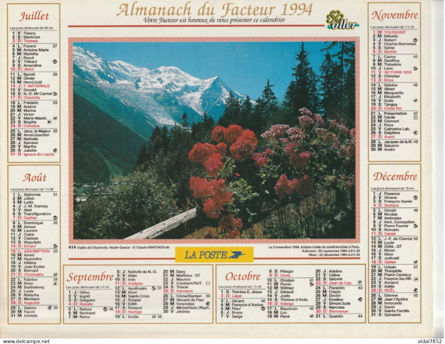 Calendrier-Almanach Des P.T.T 1994Cauterets (65) Vallée De Chamonix-Département AIN-01-Référence 414 - Formato Grande : 1991-00