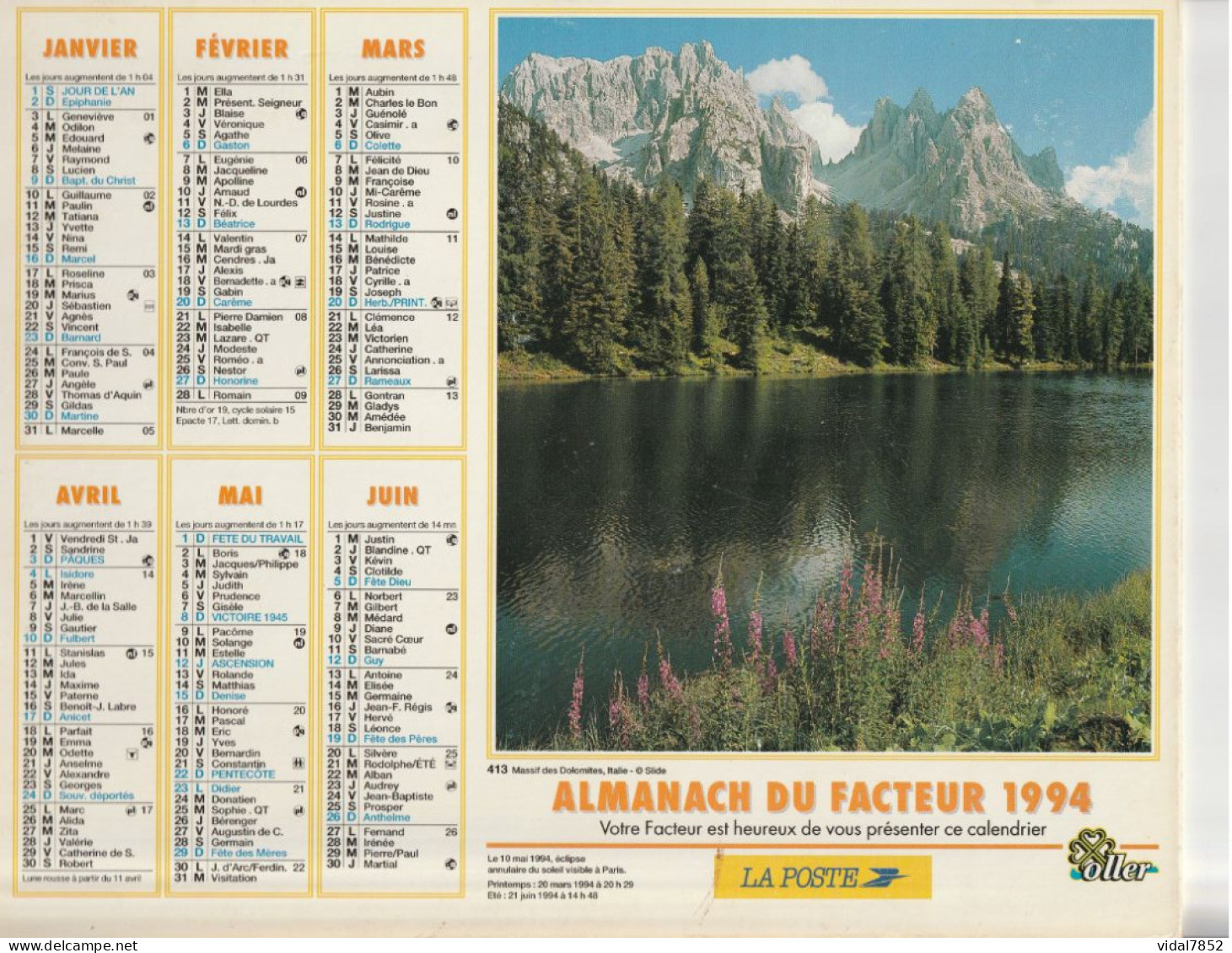 Calendrier-Almanach Des P.T.T 1994-Massif Des Dolomites-Ferme Du Surrey-Département AIN-01-Référence 413 - Groot Formaat: 1991-00