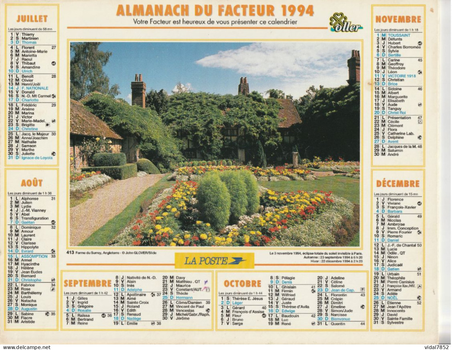 Calendrier-Almanach Des P.T.T 1994-Massif Des Dolomites-Ferme Du Surrey-Département AIN-01-Référence 413 - Tamaño Grande : 1991-00