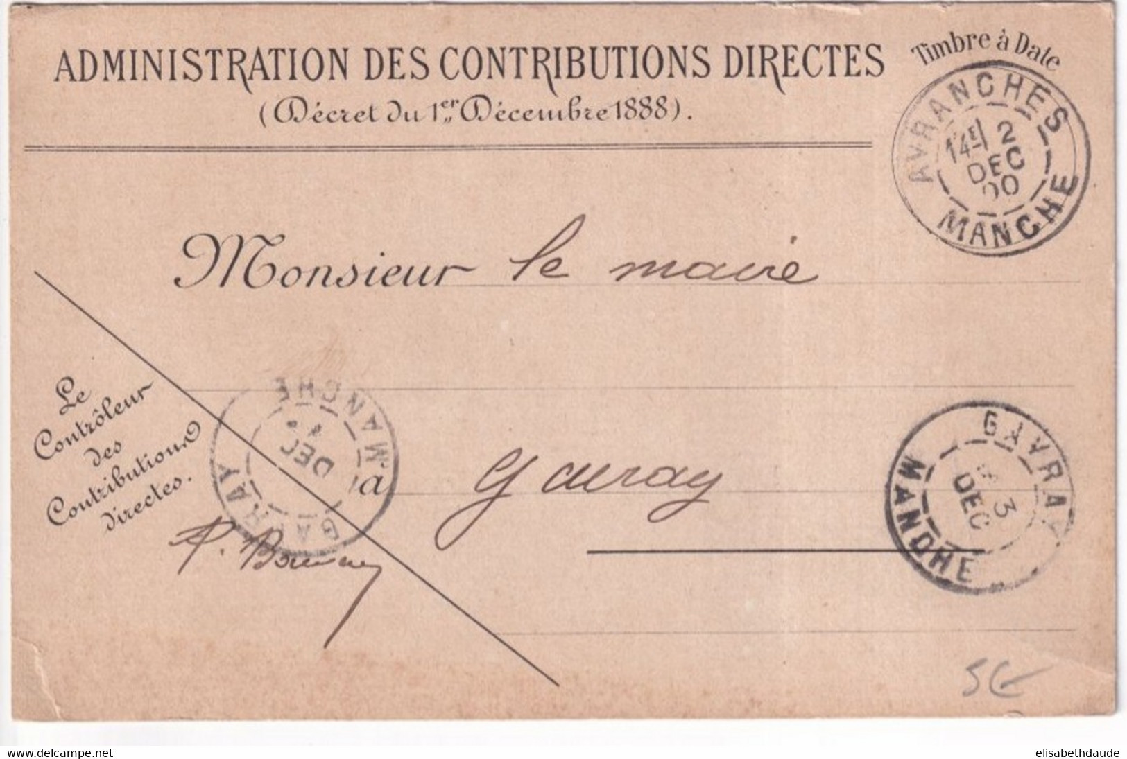 1900 - MANCHE / FRANCHISE - CARTE Des CONTRIBUTIONS DIRECTES De AVRANCHES => GAVRAY - Civil Frank Covers