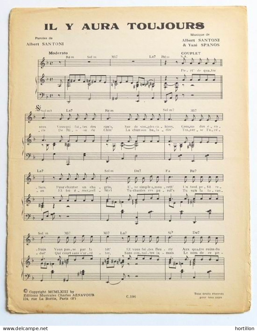 Partition Vintage Sheet Music ALBERT SANTONI : Il Y Aura Toujours * 60's Yani Spanos - Chansonniers