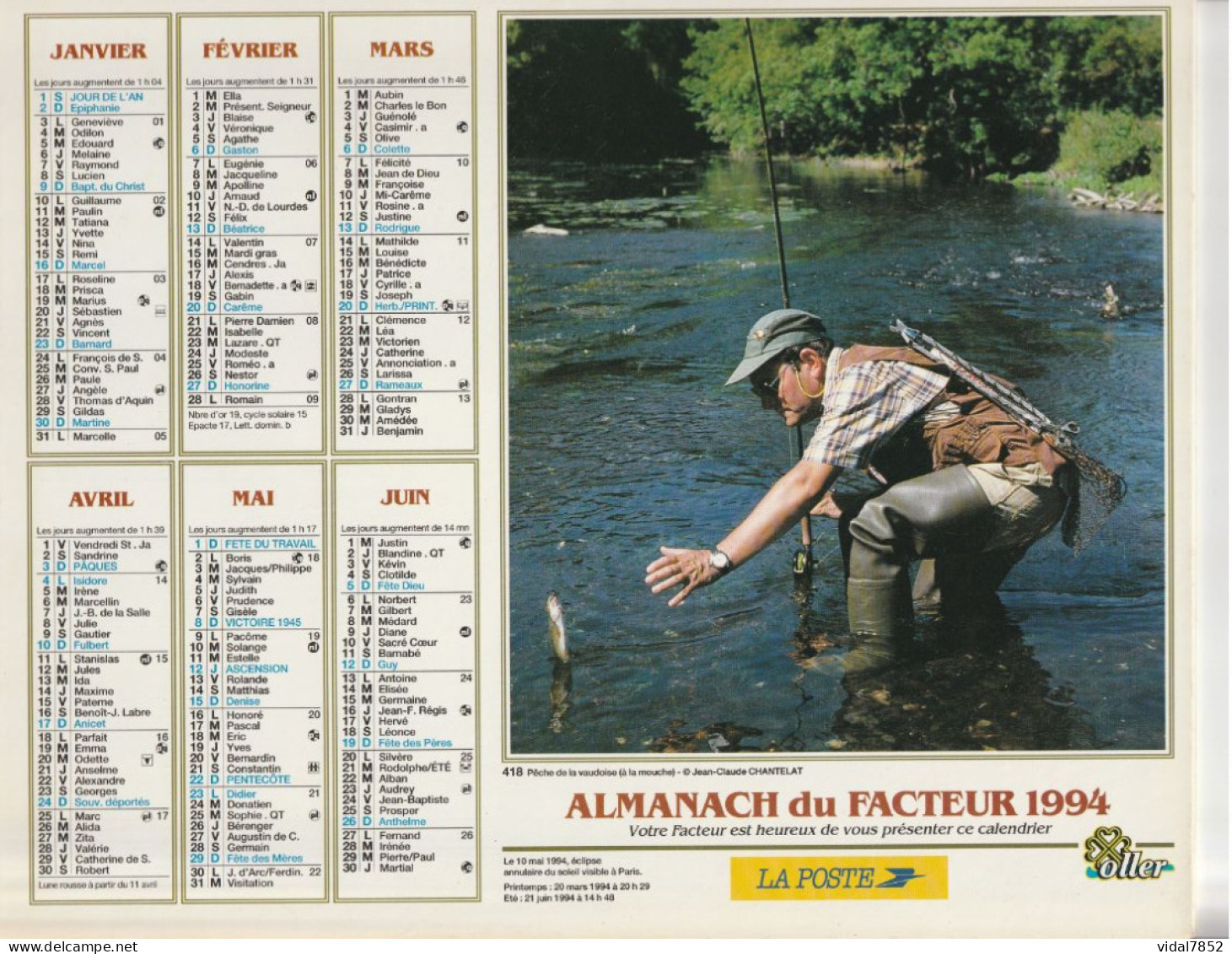 Calendrier-Almanach Des P.T.T 1994-Pêche De La Vaudoise--Chasse Du Lièvre-Département AIN-01-Référence 418 - Groot Formaat: 1991-00