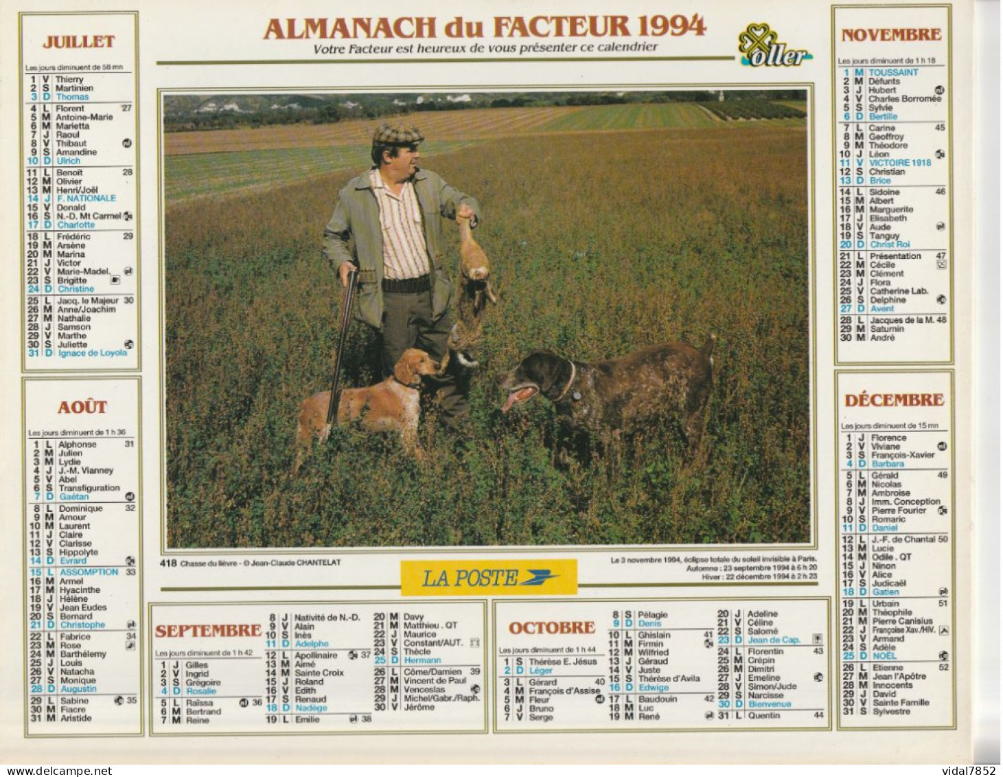 Calendrier-Almanach Des P.T.T 1994-Pêche De La Vaudoise--Chasse Du Lièvre-Département AIN-01-Référence 418 - Tamaño Grande : 1991-00