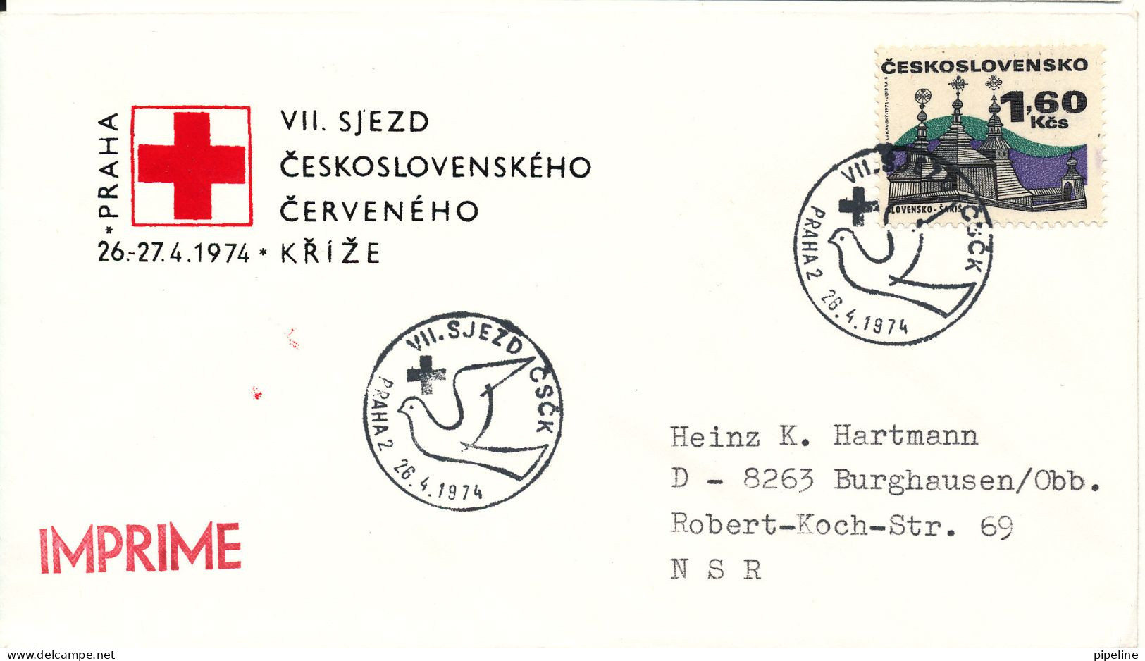 Czechoslovakia Cover Sent To Germany 26-4-1974 With Special RED CROSS Postmark And Cachet - Covers & Documents
