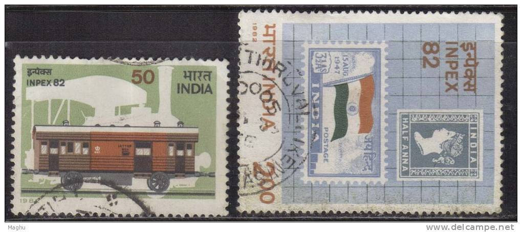 India Used 1982, Set Of 2, INPEX 82, Train, Locomotive, Flag (sample Image) - Oblitérés