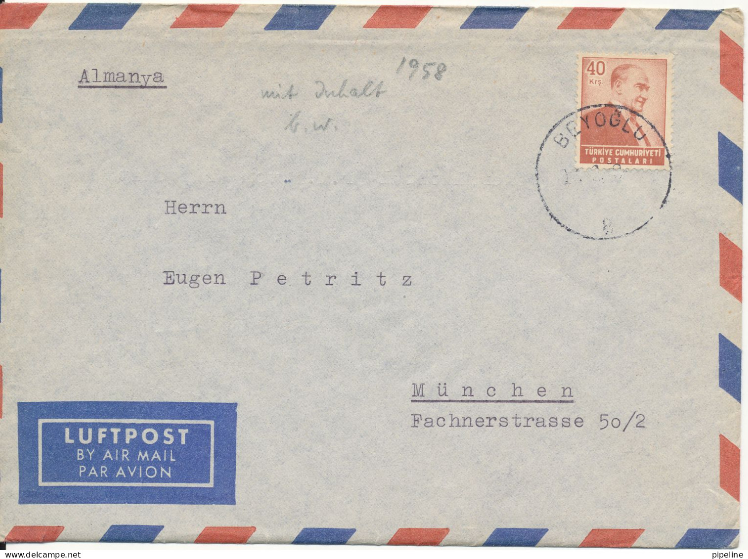 Turkey Air Mail Cover Sent To Germany 1958 Single Franked - Poste Aérienne