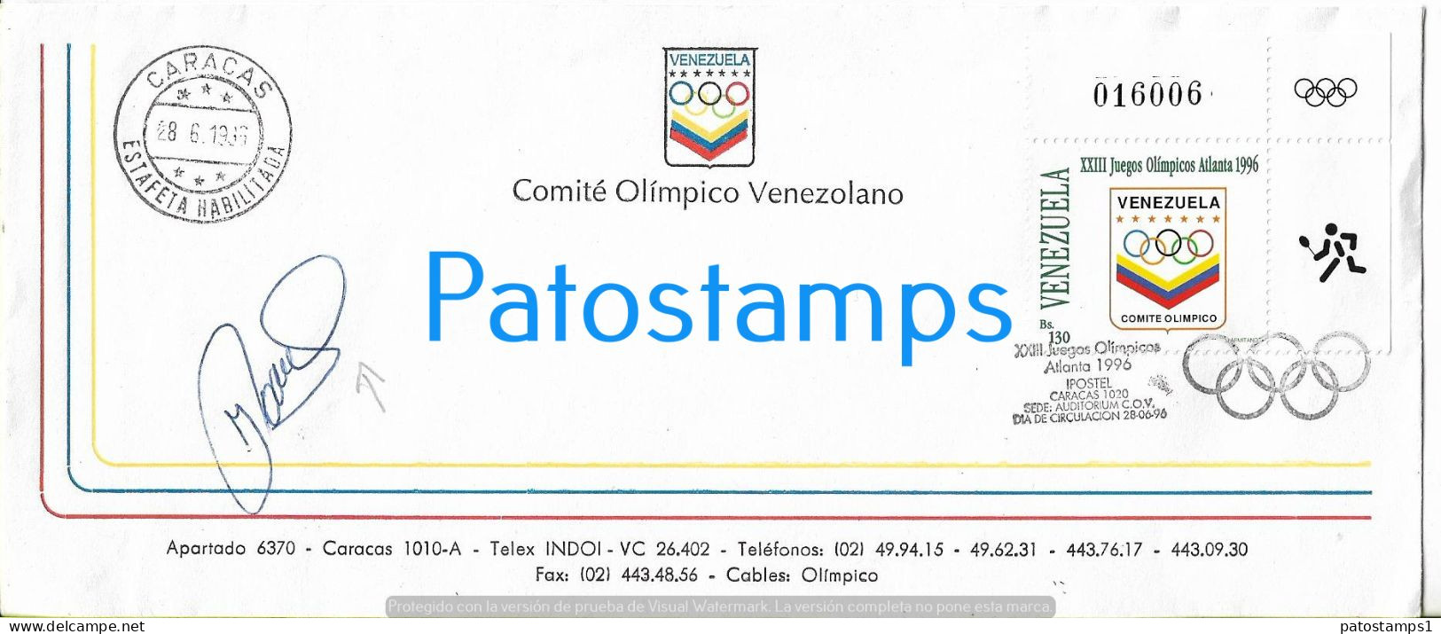 221078 VENEZUELA CARACAS COVER CANCEL YEAR 1996 XXIII JUEGOS OLIMPICOS OLYMPIC GAMES NO POSTAL POSTCARD - Venezuela