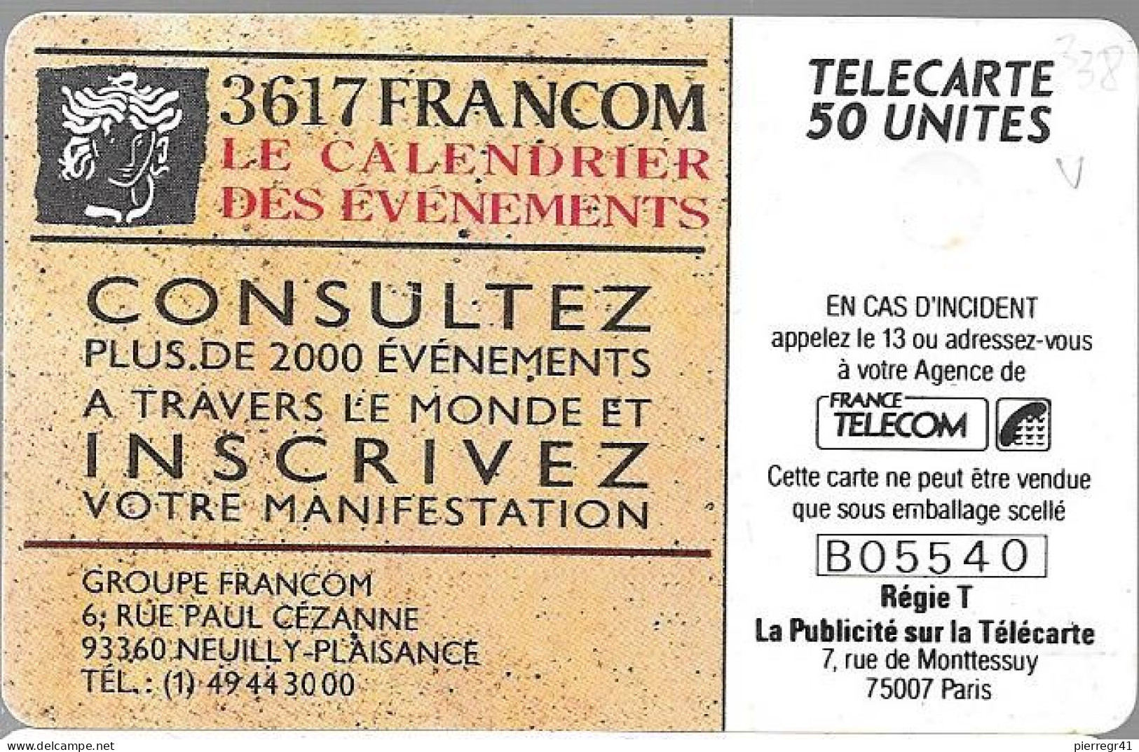 CARTE-PRIVEE-1990-D338-02/91-GEMA-3617 FRANCOM-Minitel Evénements-1000ex-R° Laqué-Utilisé-TBE/LUXE - Privadas