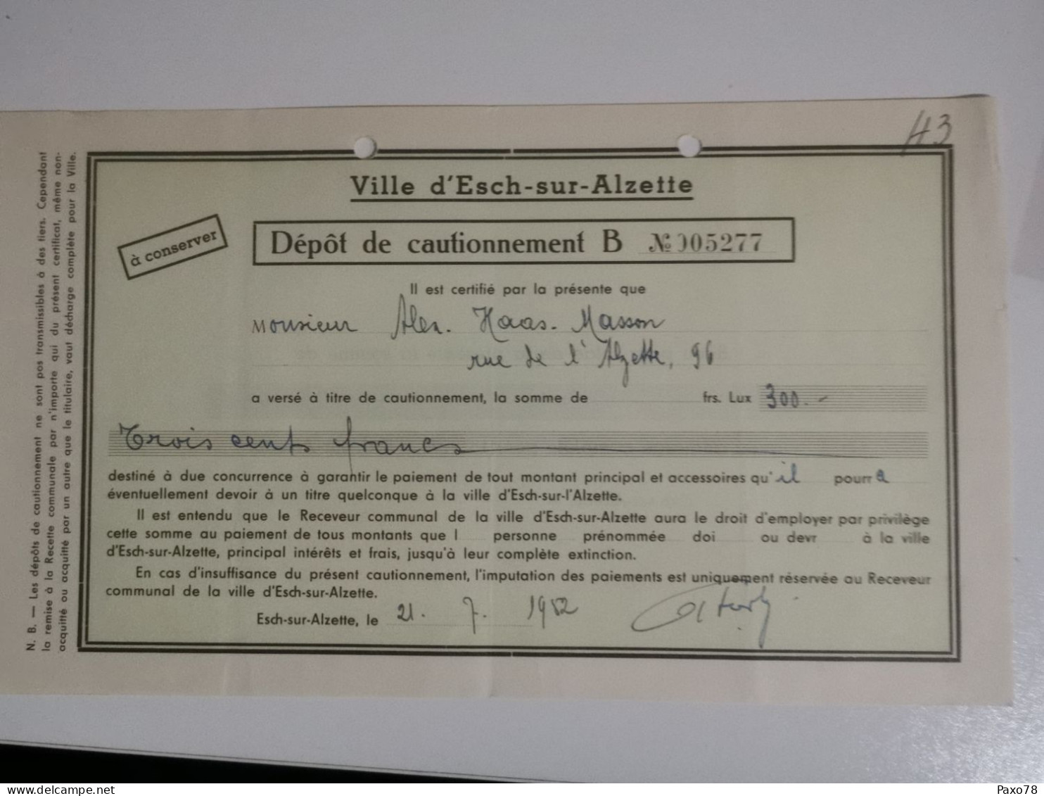 Dépôt De Cautionnement, Ville D'esch Alzette 1952 - Lettres & Documents