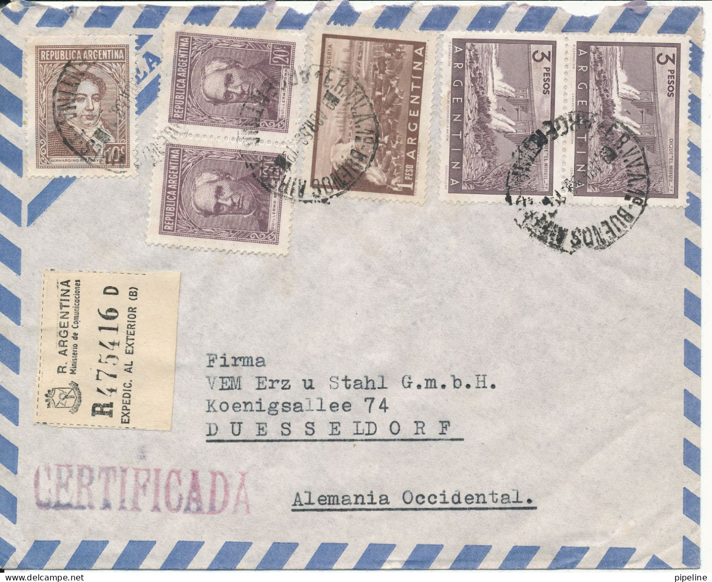 Argentina Registered Air Mail Cover Sent To Germany 9-4-1956 With More Stamps - Luchtpost