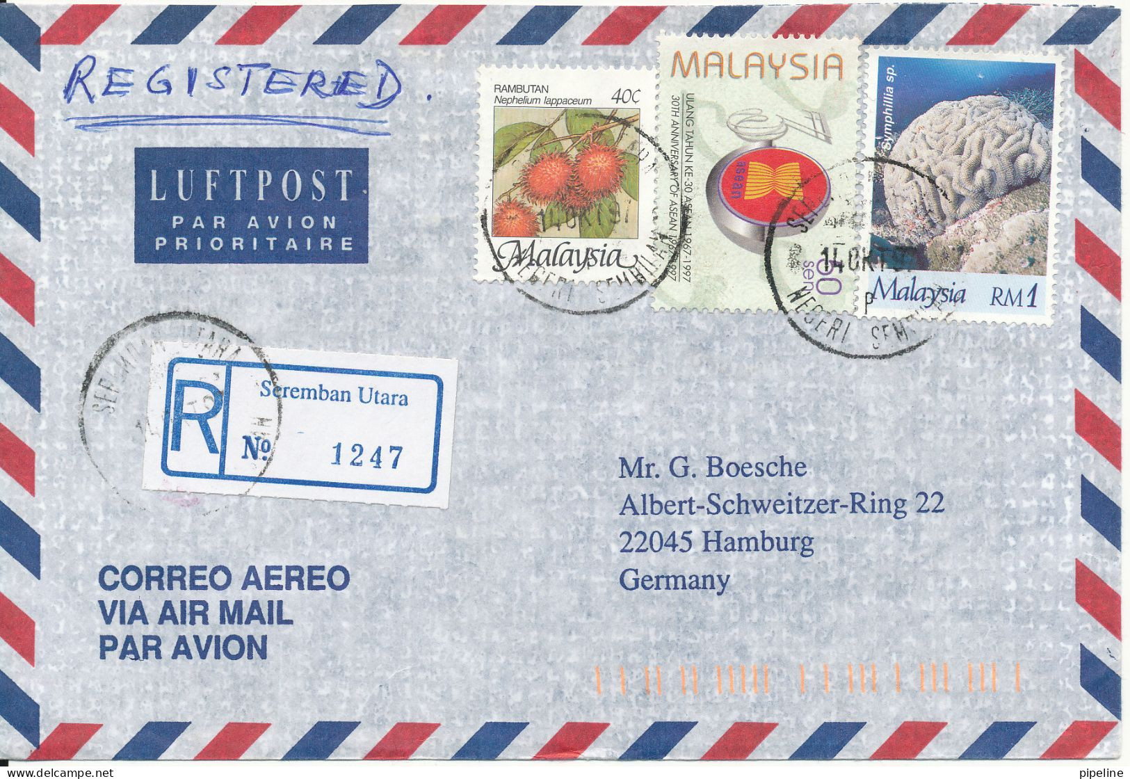 Malaysia Registered Air Mail Cover Sent To Germany Seremban Utara 14-10-1997 - Malaysia (1964-...)