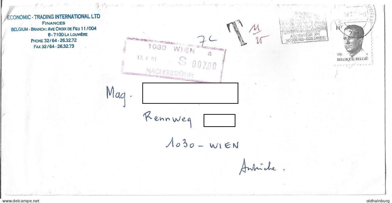 0164h: Brief 1991 Aus Belgien Nach A- 1030 Wien, Nachgebühr - Lettres & Documents