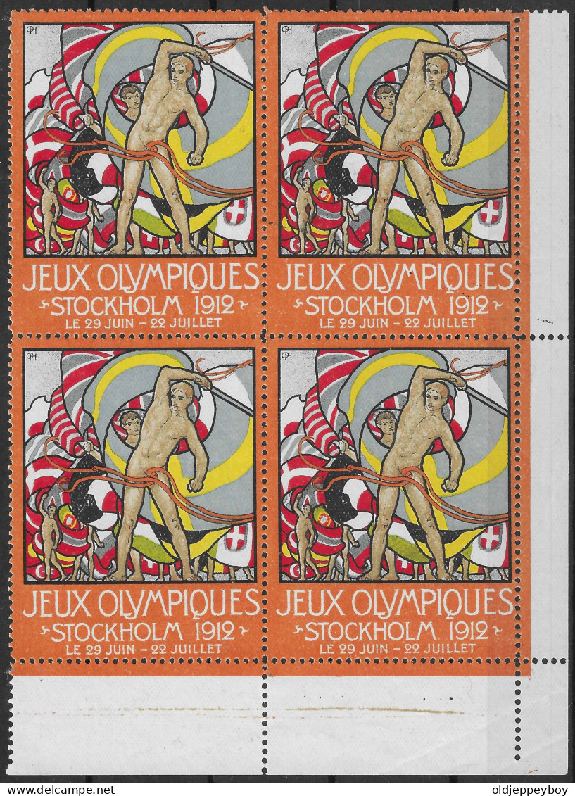 Schweden SWEDEN Stockholm 1912 Summer Olympics Jeux Olympiques ** FLAGS CINDERELLA VIGNETTE FRENCH FRANCE BLOCK OF 4 MNH - Summer 1912: Stockholm