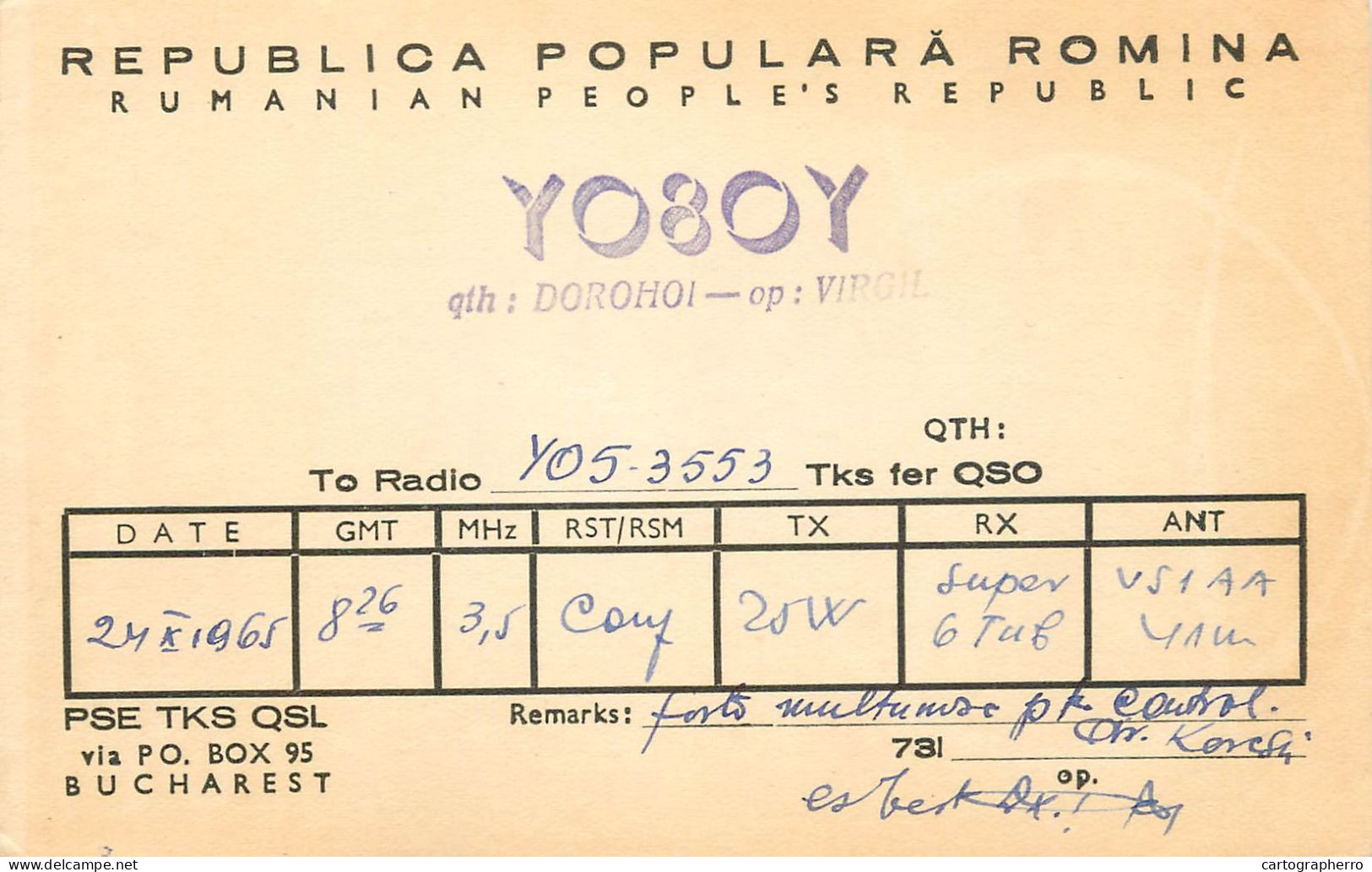 Radio Amateur QSL Card Romania Y08OY Dorohoi Y05-3553 - Radio Amateur