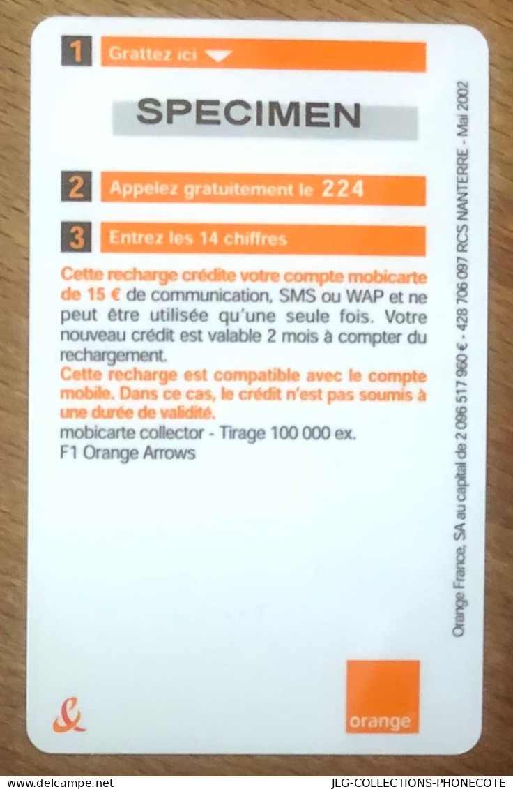 FORMULE 1 VOITURE CARS ORANGE MOBICARTE SPÉCIMEN MBC MOBI GSM SCHEDA TARJETA PHONECARD PREPAID PREPAYÉE CALLING CARD - Nachladekarten (Refill)