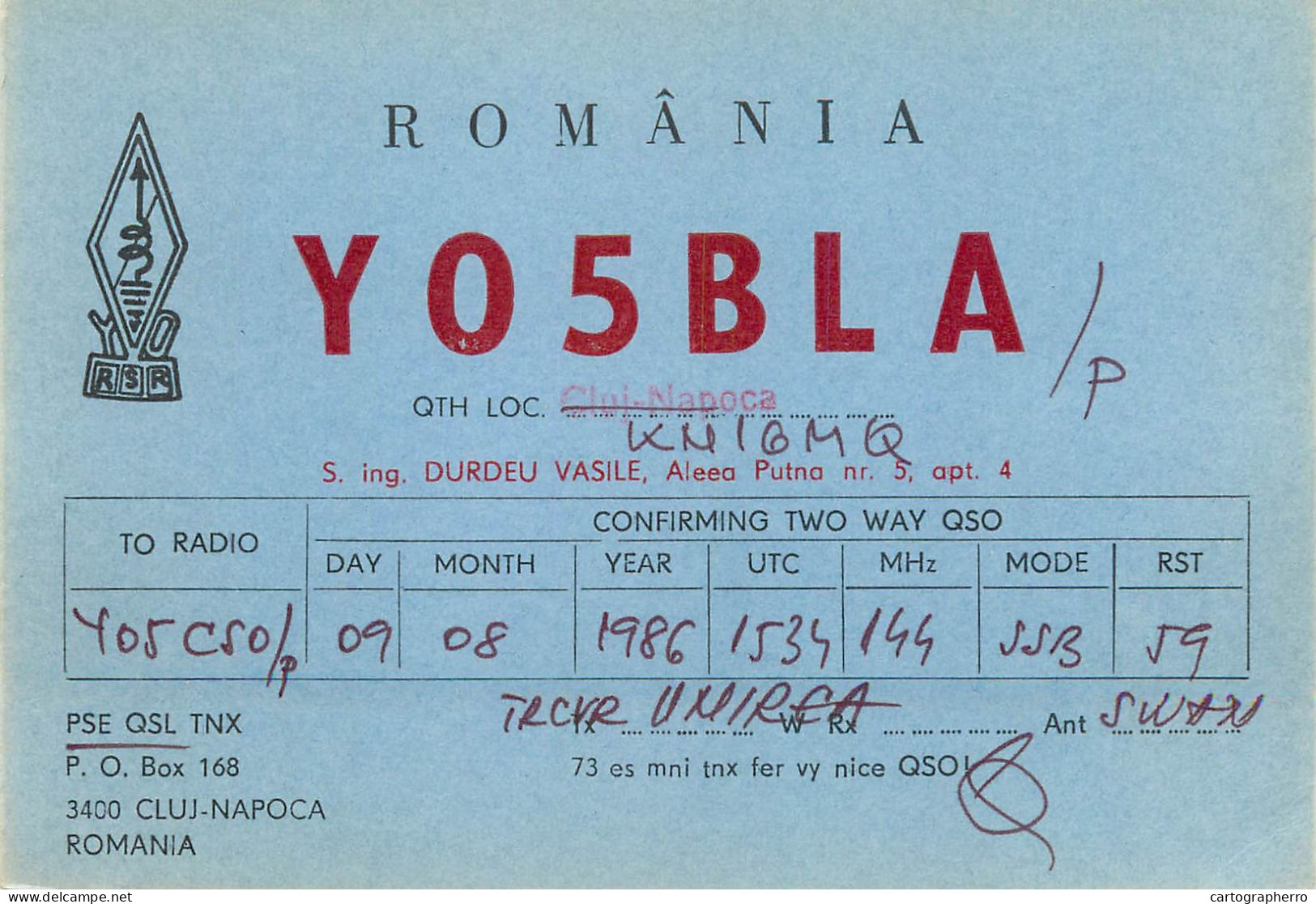 Radio Amateur QSL Card Romania Y05BLA Durdeu Vasile Cluj Y05CSO - Radio Amateur