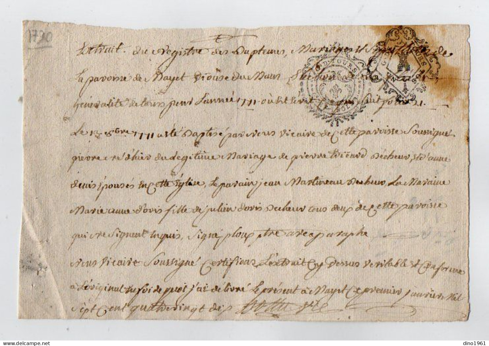 VP22.870 - 1790 - Cachet De Généralité De TOURS - Paroisse De MAYET, Diocèse LE MANS, Election De LA FLECHE ..... - Cachets Généralité