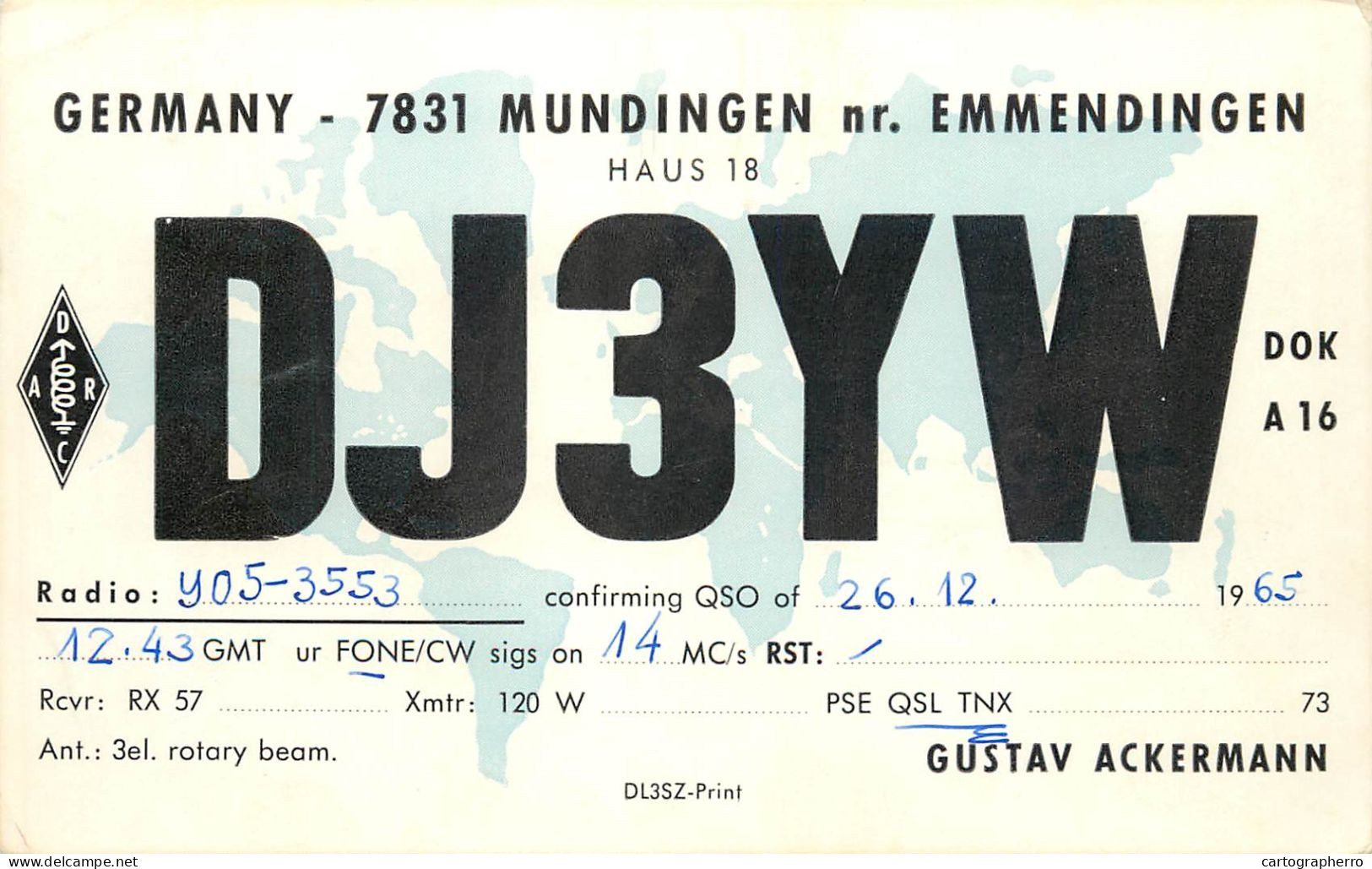 Radio Amateur QSL Card Germany Mundingen Emmendingen DJ3YW Gustav Ackermann - Radio Amateur