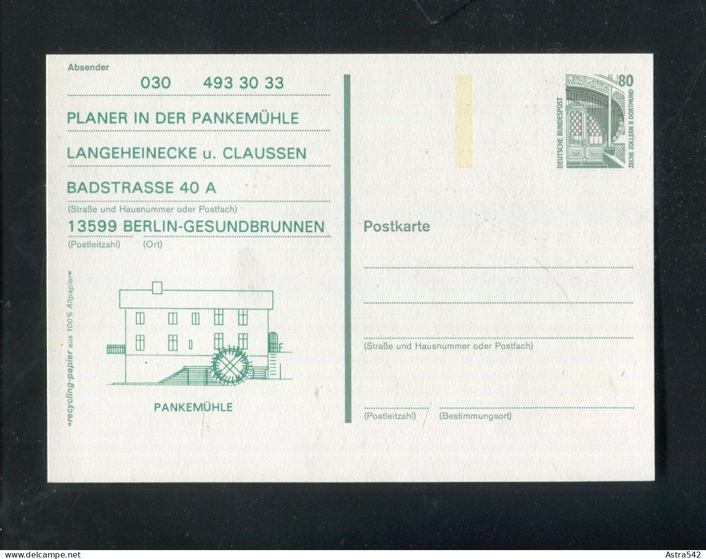 "BUNDESREPUBLIK DEUTSCHLAND" Postkarte Mit Privatem Zudruck "PLANER IN DER PANKEMUEHLE" ** (4846) - Privatpostkarten - Ungebraucht