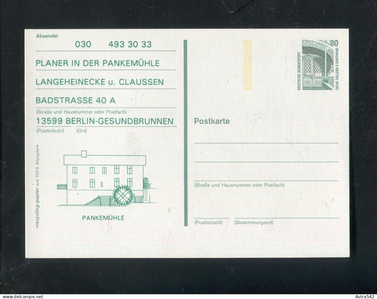 "BUNDESREPUBLIK DEUTSCHLAND" Postkarte Mit Privatem Zudruck "PLANER IN DER PANKEMUEHLE" ** (4846) - Private Postcards - Mint