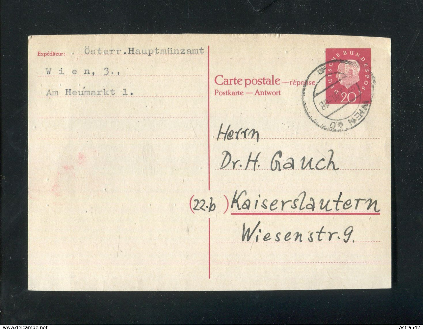 "BUNDESREPUBLIK DEUTSCHLAND" 1961, Postkarte (Antwortkarte) Mi. P 40A Stegstempel "WIEN" (4850) - Cartes Postales - Oblitérées