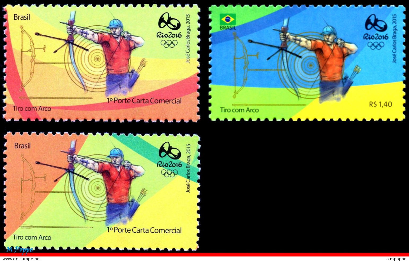 Ref. BR-OLYM-E04 BRAZIL 2015 - OLYMPIC GAMES, RIO 2016,ARCHERY, STAMPS OF 1ST AND 4TH SHEET,MNH, SPORTS 3V - Estate 2016: Rio De Janeiro