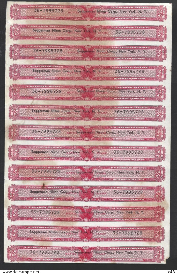 Sheet Of Thirteen 4/5 Quart Wine Bottle Labels From The Company Seggerman Nixon Corp. No. 36-7995728. Stamp Tax. - Etats-Unis