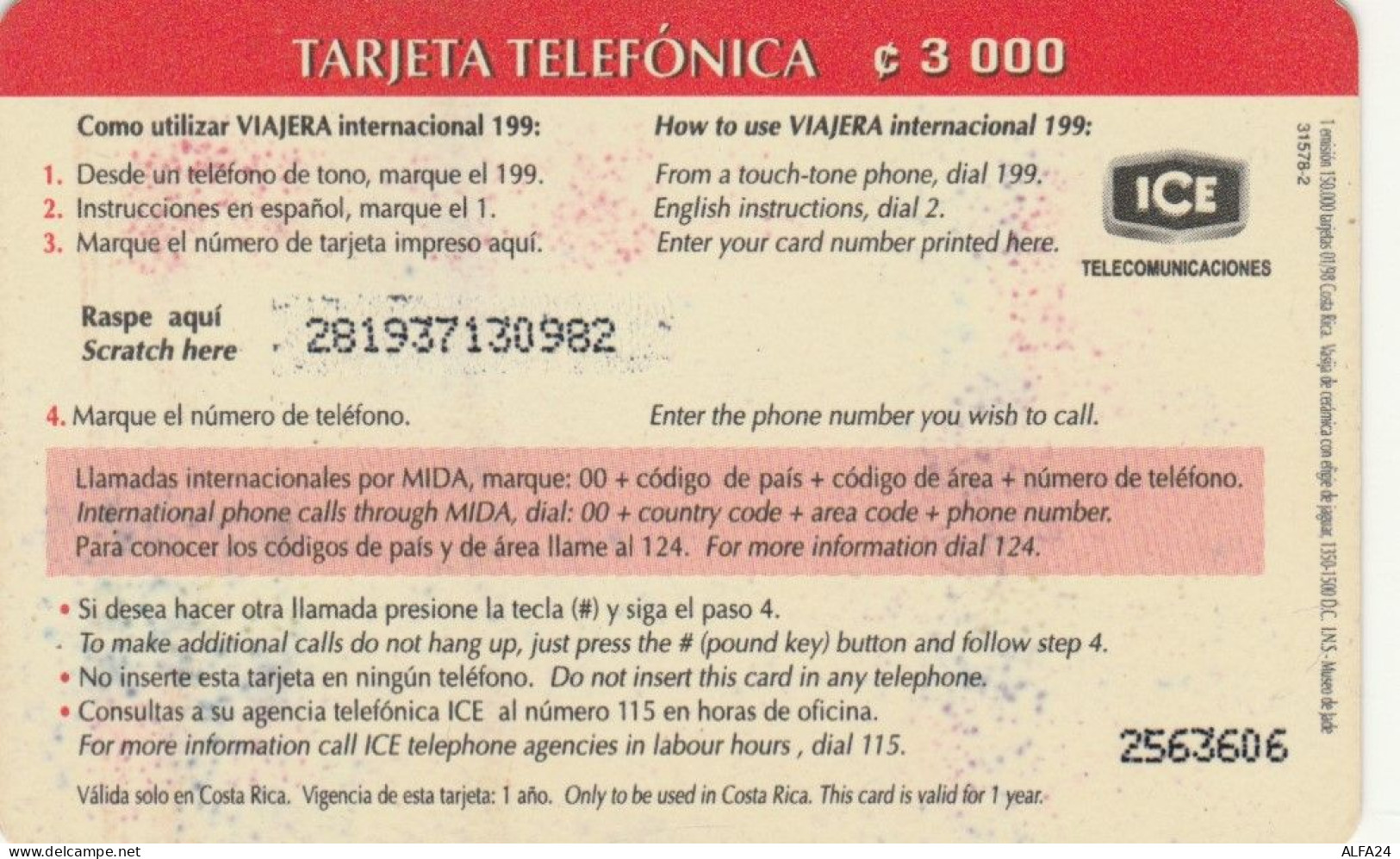 PREPAID PHONE CARD COSTARICA  (E101.25.8 - Costa Rica