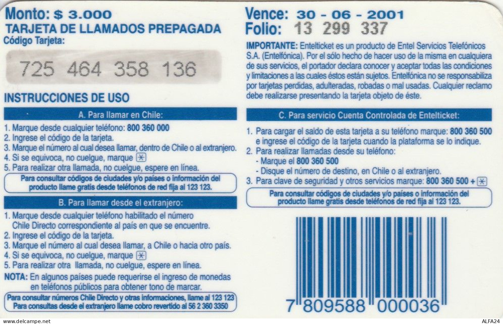 PREPAID PHONE CARD CILE  (E102.47.5 - Chili