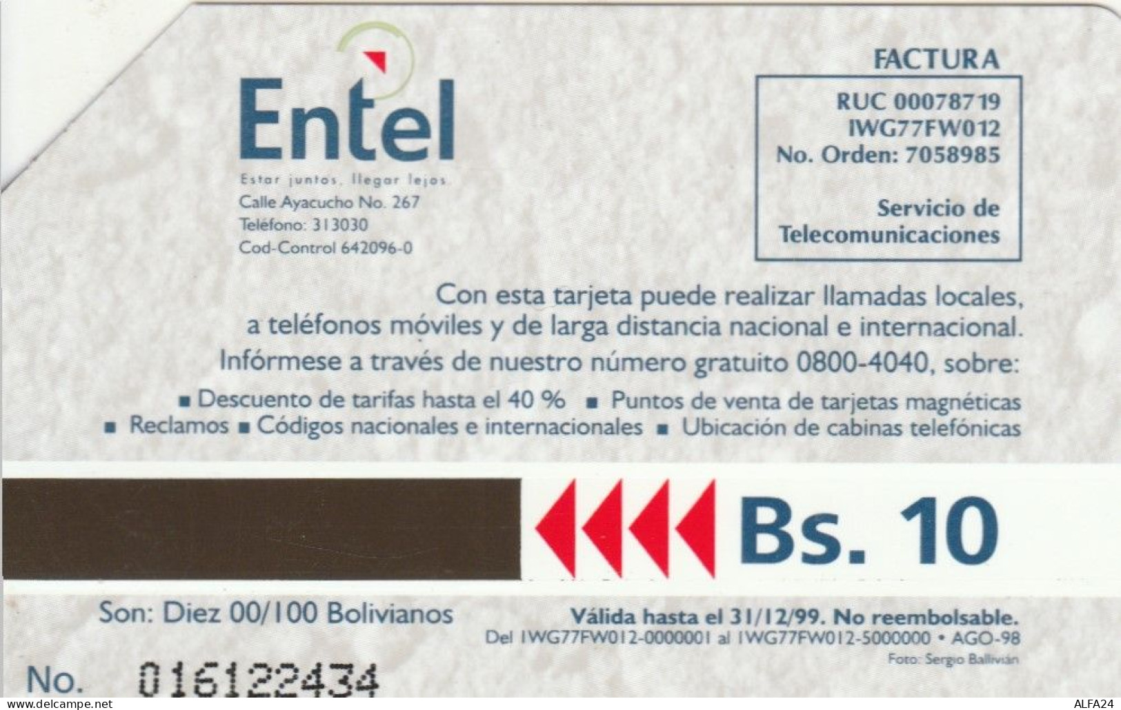 PHONE CARD BOLIVIA URMET (E102.38.1 - Bolivie