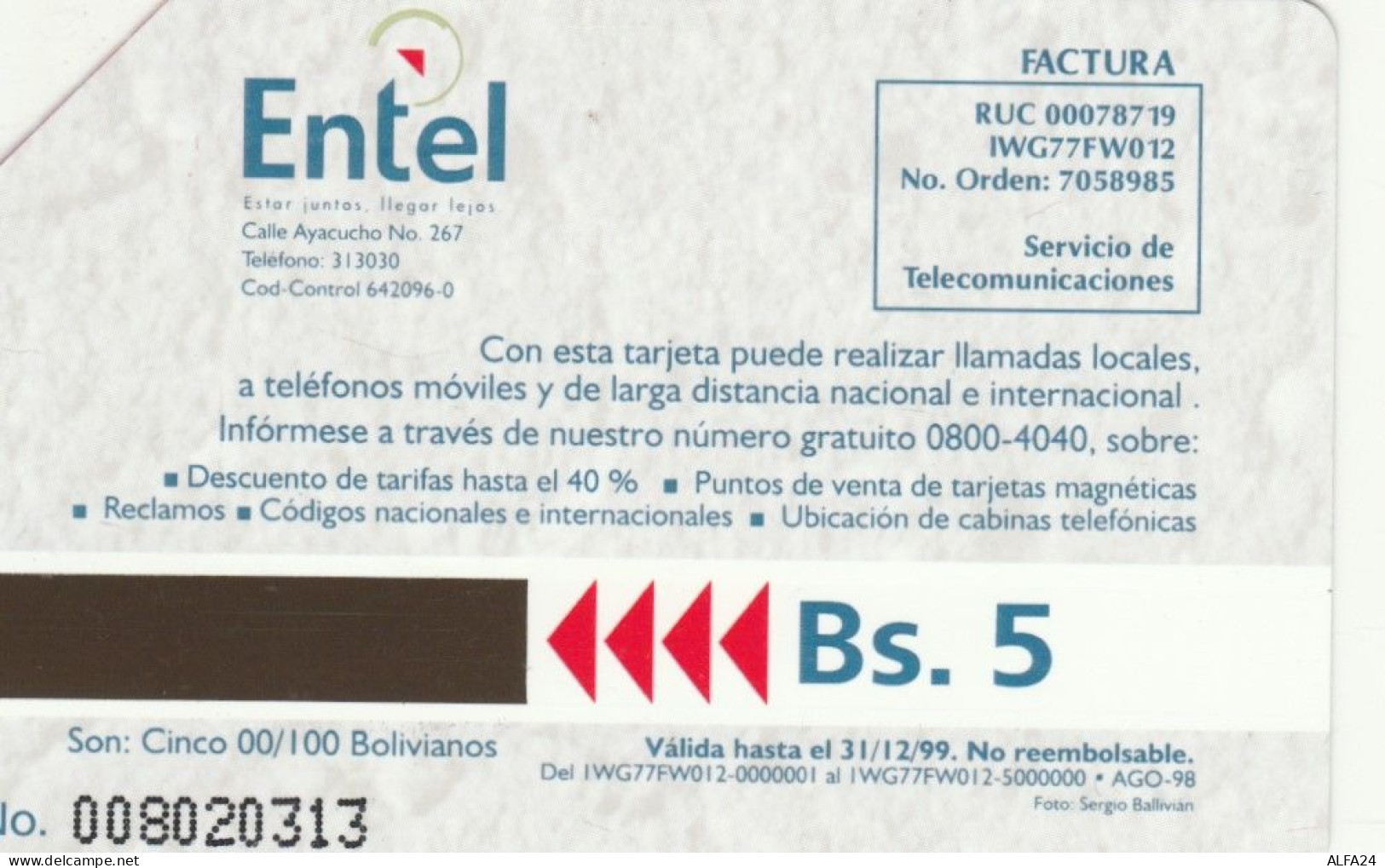 PHONE CARD BOLIVIA URMET (E102.37.7 - Bolivia