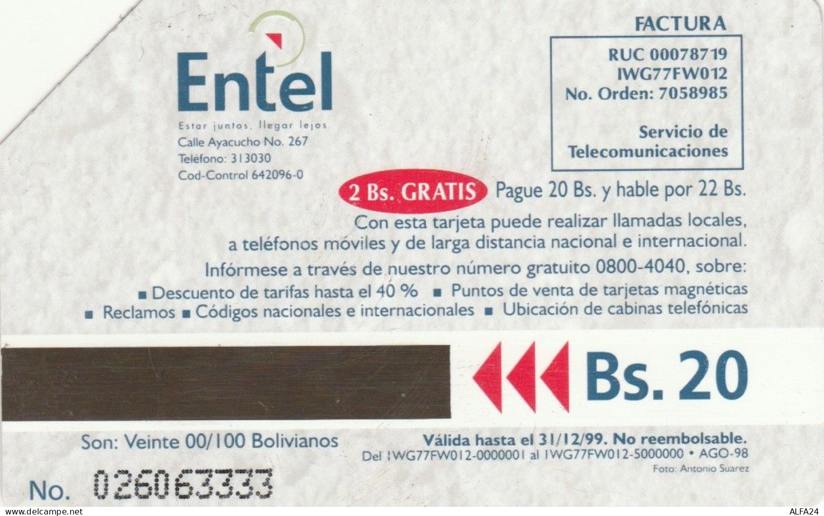 PHONE CARD BOLIVIA URMET (E102.37.6 - Bolivie