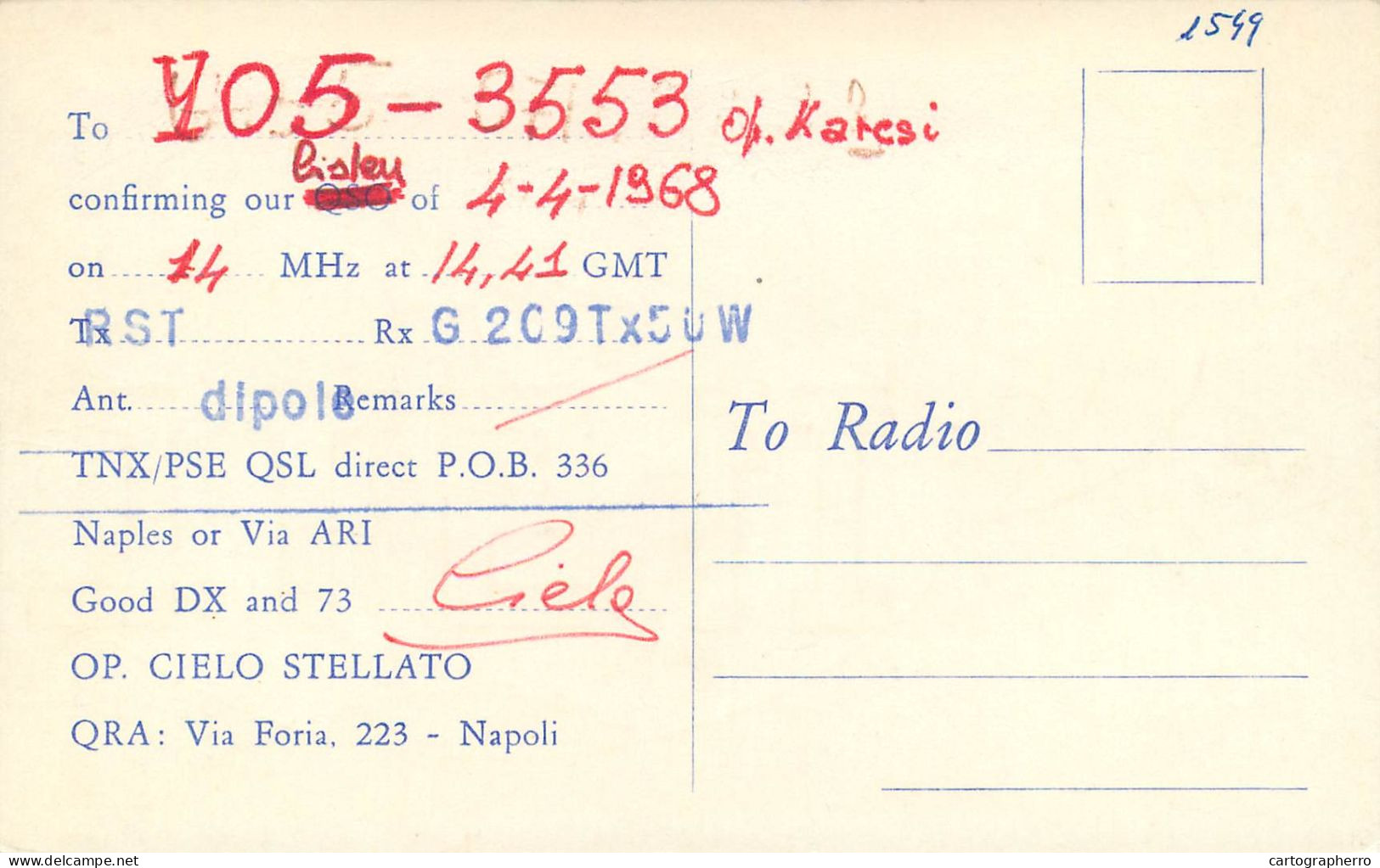 Radio Amateur QSL Card Italy Naples I15TC Y05-3553 Cielo Stellato - Radio Amateur