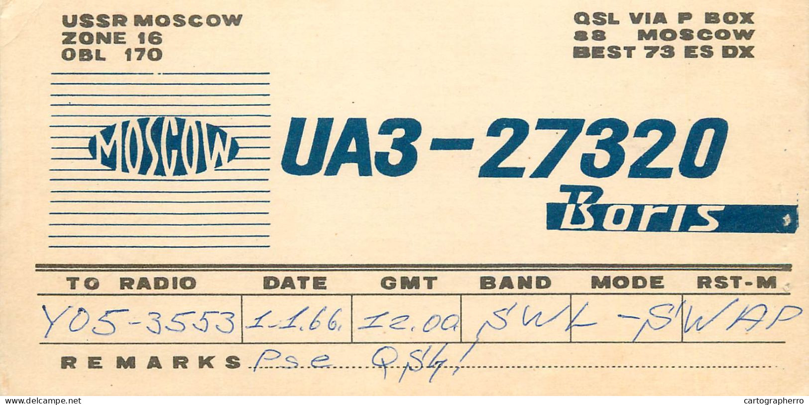 Radio Amateur QSL Card USSR Moscow UA3-27320 Boris - Radio Amateur