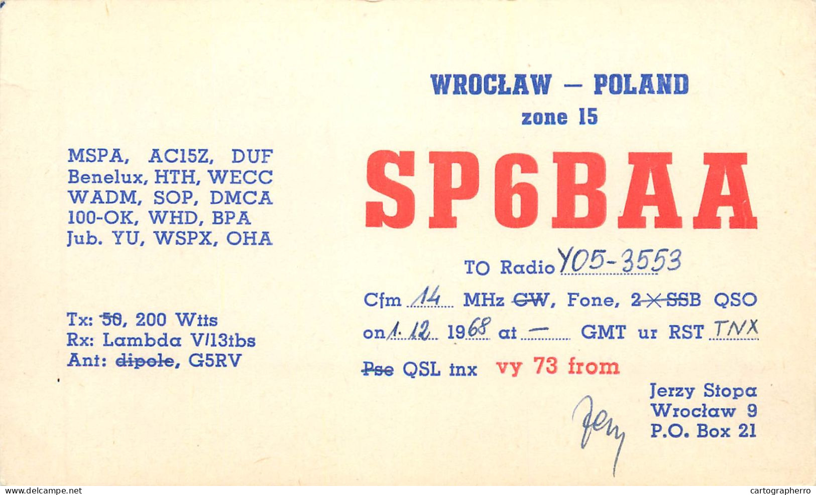 Radio Amateur QSL Card Poland Wroclaw Zone 15 Sp6BAA Jerzy Stopa - Radio Amateur