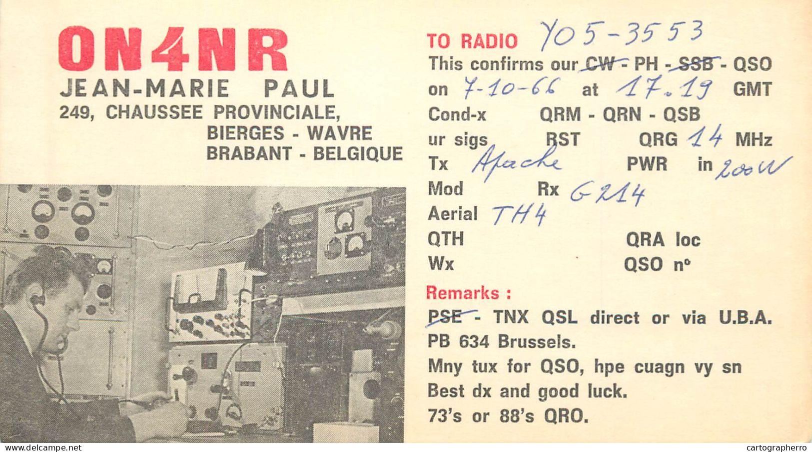 Radio Amateur QSL Card Belgium Brabant ON4NR Jean Marie Paul Y05-3553 - Radio Amateur