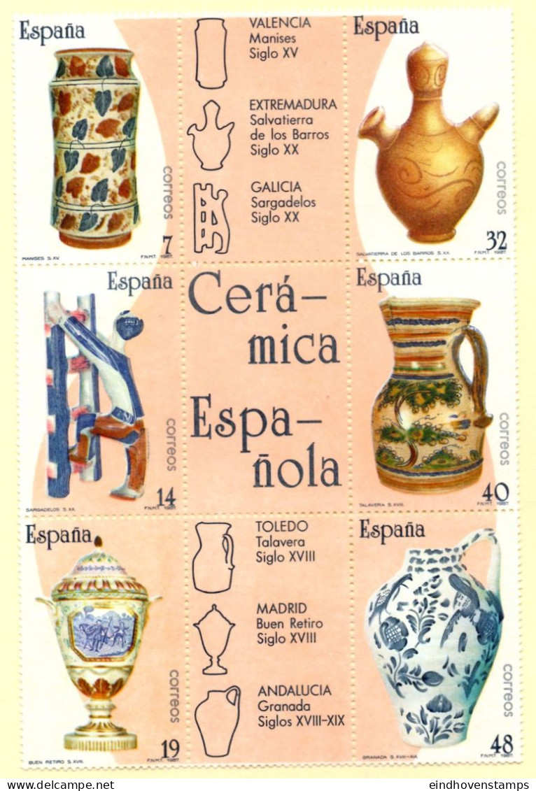 Spain 1987 Ceramics, Regional Art,Valencia, Extremadura, Galicia,Madrid, Toledo, Andalusia 9-block MNH - Porselein