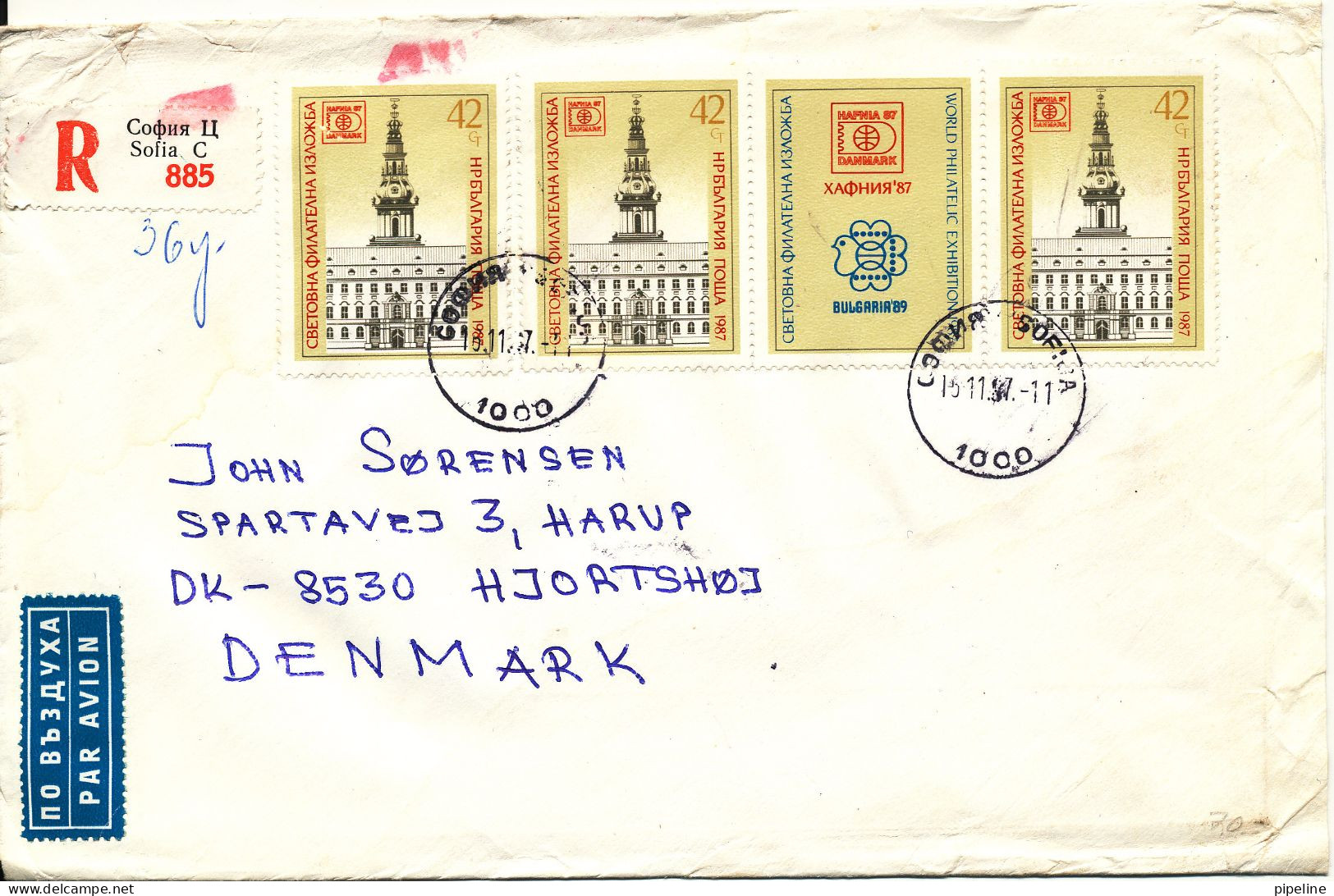 Bulgaria Registered Cover Sent To Denmark Sofia 15-11-1987 With Hafnia 87 In Denmark Stamps (cover Damaged On Backside) - Briefe U. Dokumente