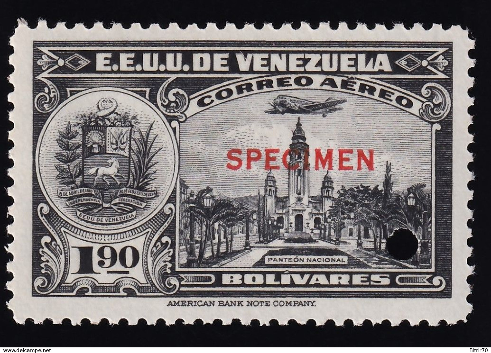 Venezuela, Aéreo 1938/42  Y&T. 89, MNH, 1,9 B. Negro,   [SPECIMEN.] - Venezuela